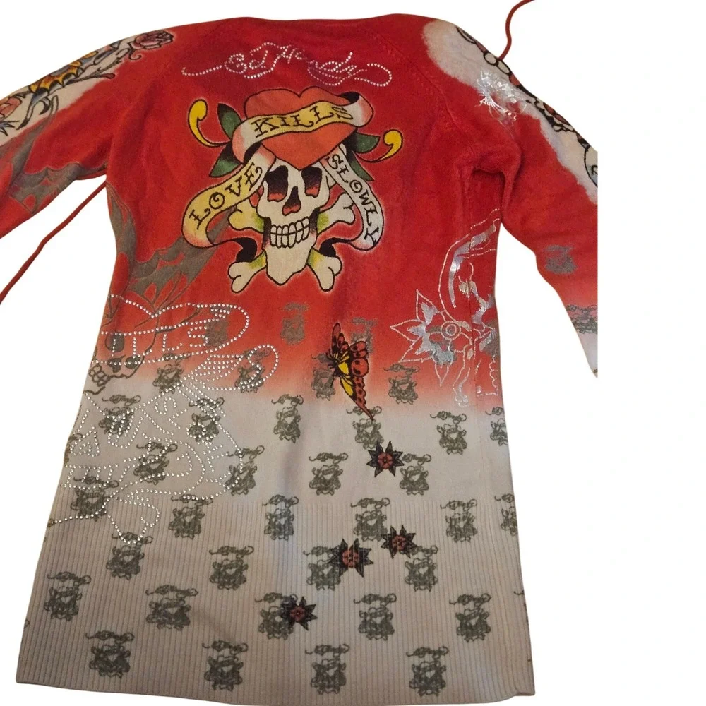 Ed Hardy Red Rhinestone Skull Butterfly Hoodie‎ Dress Size L - Picture 5 of 8